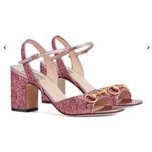 Gucci Mid-Heel Lady Horsebit Pink Metallic Glitter Sandal 37.5 Leather